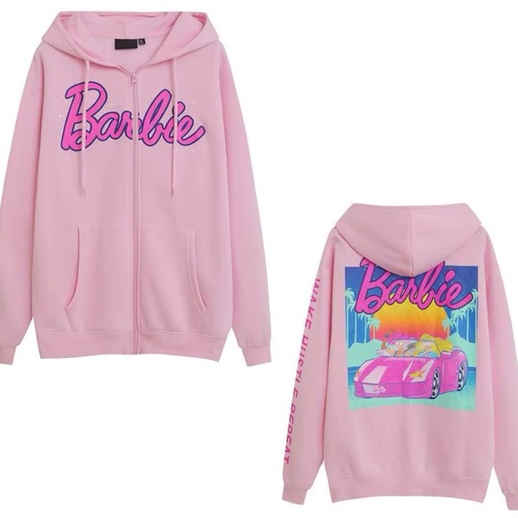 Barbie Neon Retro Oversized Hooded Zip Up Sweatshirt - Size Large - Picture 4 of 10